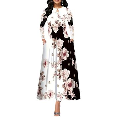 Women's Long Sleeve Round Neck Printed Pocket Long Elegant Dress