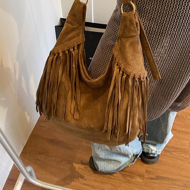 Large Capacity Frosted Tassel Shoulder Bag Faux Suede Fringe Underarm Bag Travel Tote Handbag Female Shopping Bag