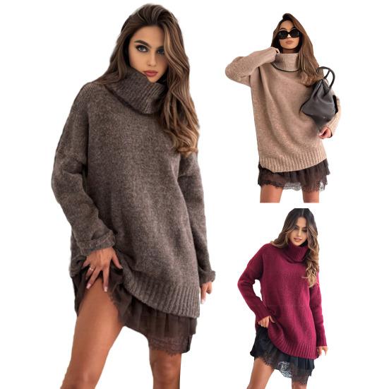 Women Sweater High Collar Long Sleeve Ribbed Trim Knitted Tops Solid Color Loose Fit Autumn Winter Casual Sweater