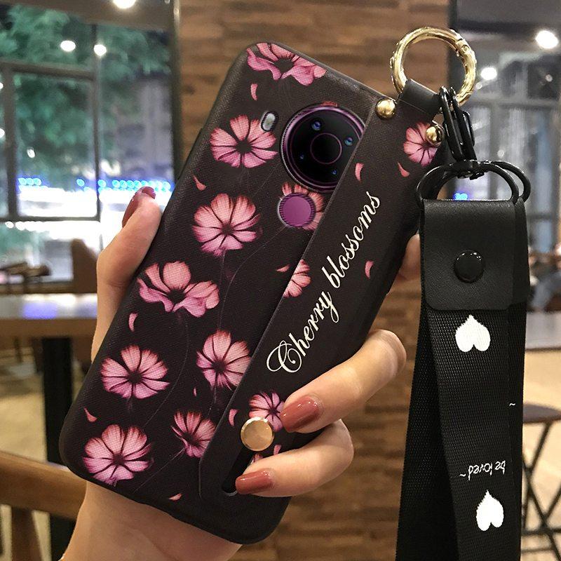 Back Cover Anti-dust Phone Case For Nokia 5.4 Wrist Strap Anti-knock Kickstand Shockproof Wristband Flower Phone Holder