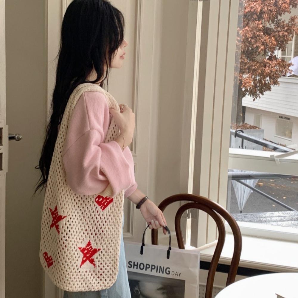 

Heart Strawberry Crochet Shoulder Bag Sweet Knitting Tote Bag Knitted Crochet Handbag Shopping рожевий