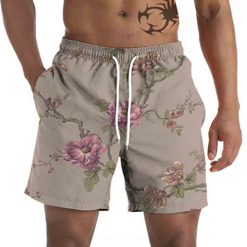 Men's Summer Casual Beach Shorts Palm Tree Print Quick Dry Drawstring Waist