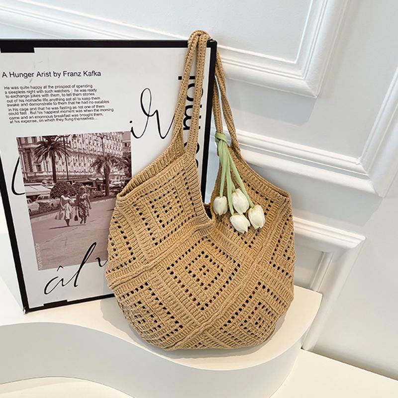 

New Trend Women s Bag Crochet Handbag Retro Knitted Solid Color Hollow Top-handle Tote Bag Travel Shopper Shoulder Bag 44x24x1cm хакі
