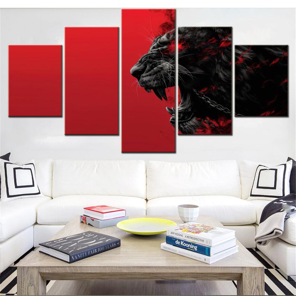 5 Pieces Canvas Wall Art Poster Painting Animals Lion Red Aesthetic Wallpaper Picture Printing Home Decoration For Living Room