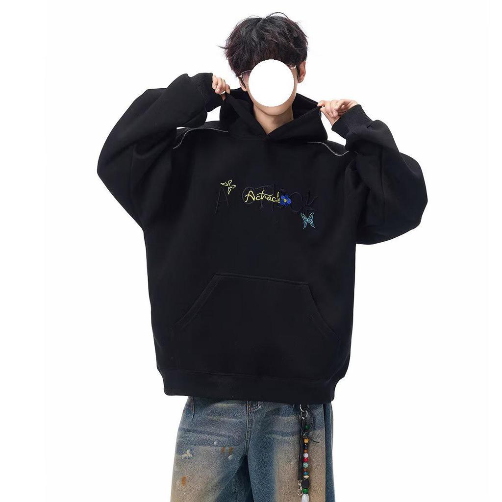 Men's Autumn/Winter American Letter Embroidered Hooded Sweatshirt - Loose Fit, Plus Velvet, Thickened Heavyweight Casual Hoodie Jacket