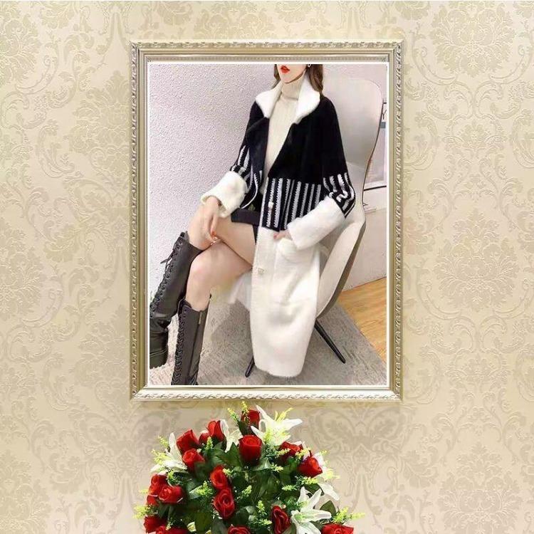 Autumn Winter Women Coat New Mink Velvet Thick Loose Sweater Collar Medium Long Knitted