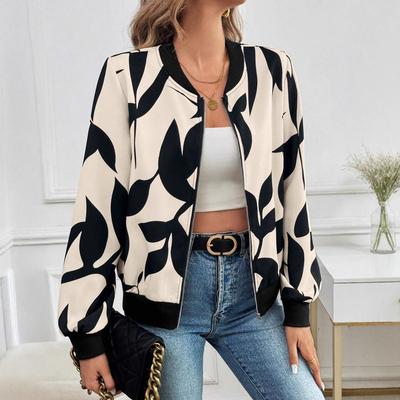 Women Autumn Winter Sport Casual Long Sleeve Baseball Collar Leaves Printed Zip Jacket Coat