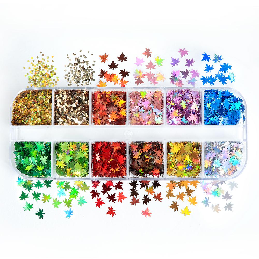 

1 коробка оранжевых голографических пайеток для ногтей в виде кленовых листьев, лазерные смоляные хлопья, осенние хлопья кленовых листьев, принадлежности для дизайна ногтей своими руками, украшение для ногтей