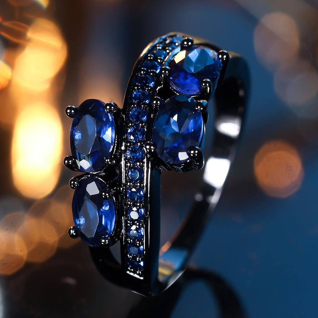 Trendy Cute Female Blue Oval Zircon Stone Ring Vintage  Black Gold Color Wedding Jewelry For Women