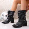 Women's Wide Width V-Cut Ankle Boots, Pointed Toe Chunky Heel Western Boots, Studded Stacked Cowboy Boots for Winter