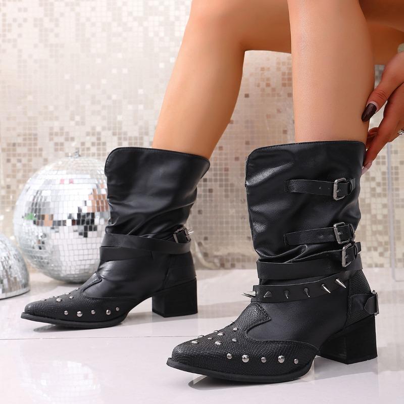 Women's Wide Width V-Cut Ankle Boots, Pointed Toe Chunky Heel Western Boots, Studded Stacked Cowboy Boots for Winter