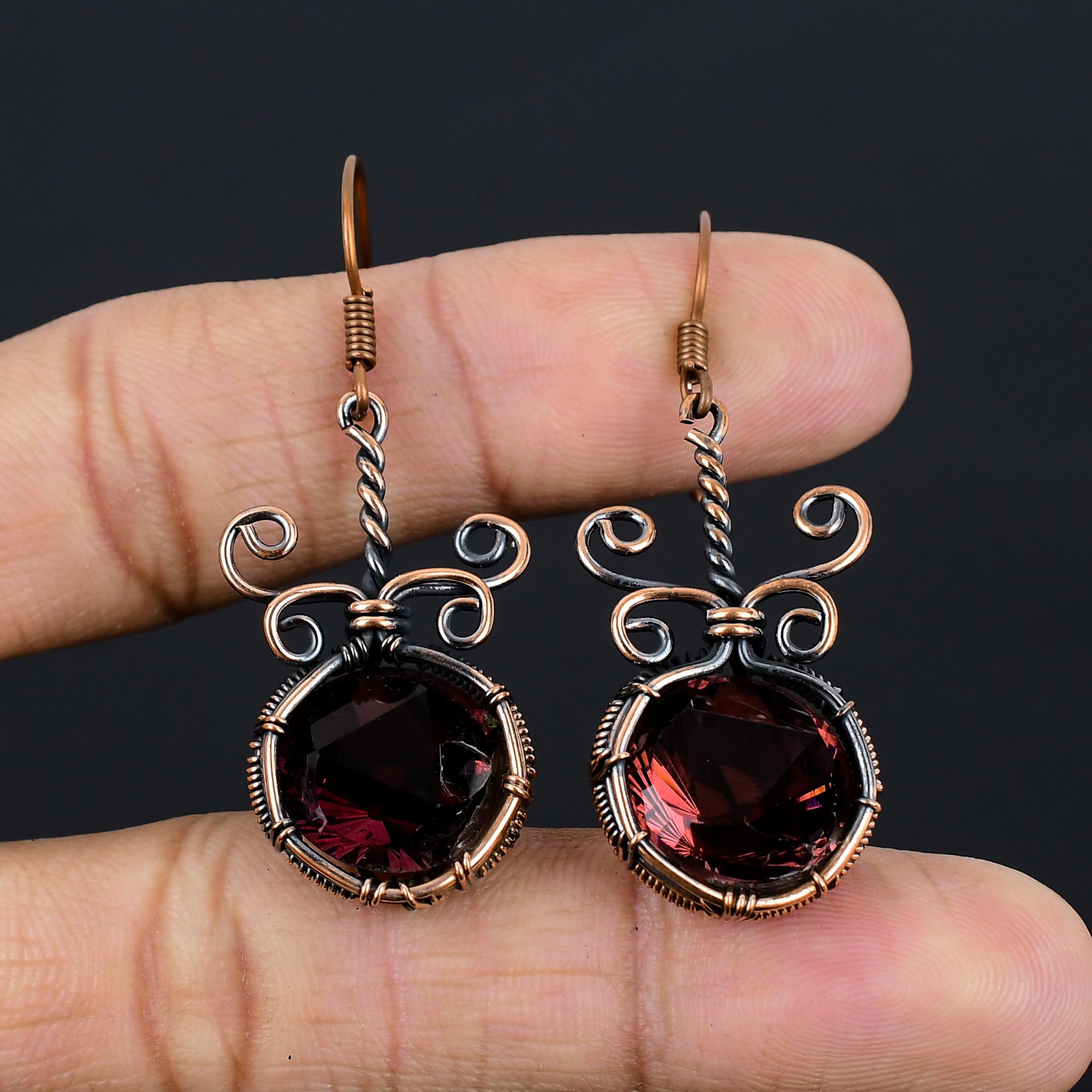 

Серьги из розового аметиста, ювелирные изделия из драгоценных камней, серьги, обернутые медной проволокой 999 пробы, красивые серьги ручной работы 2.55 Inches