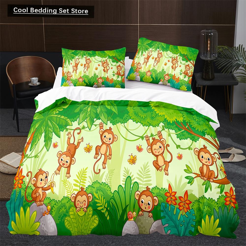 Affe Bettbezug King Queen Lieblich Cartoon Tier Bettwäsche Set für Kinder Junge Mädchen Grün Dschungel Baum 2/3tlg. Polyester Steppdeckenbezug