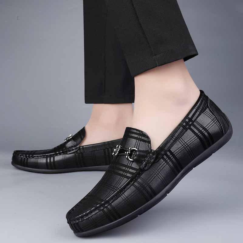 Men's Shoes Doudou Shoes Driving Shoes Spring and Summer Low-top Foot Plaid Leather First Layer Cowhide Surface Flat-soled Casual Shoes Leather Shoes