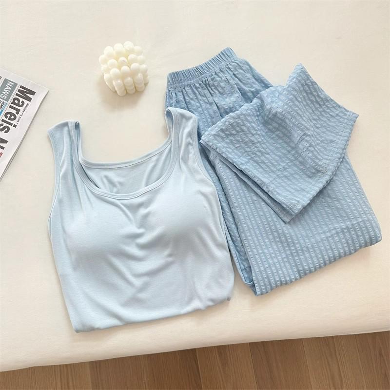 Women's Summer Padded Strappy Camisole and Pants Pajama Set - Imitation Cotton Cloud Lapel