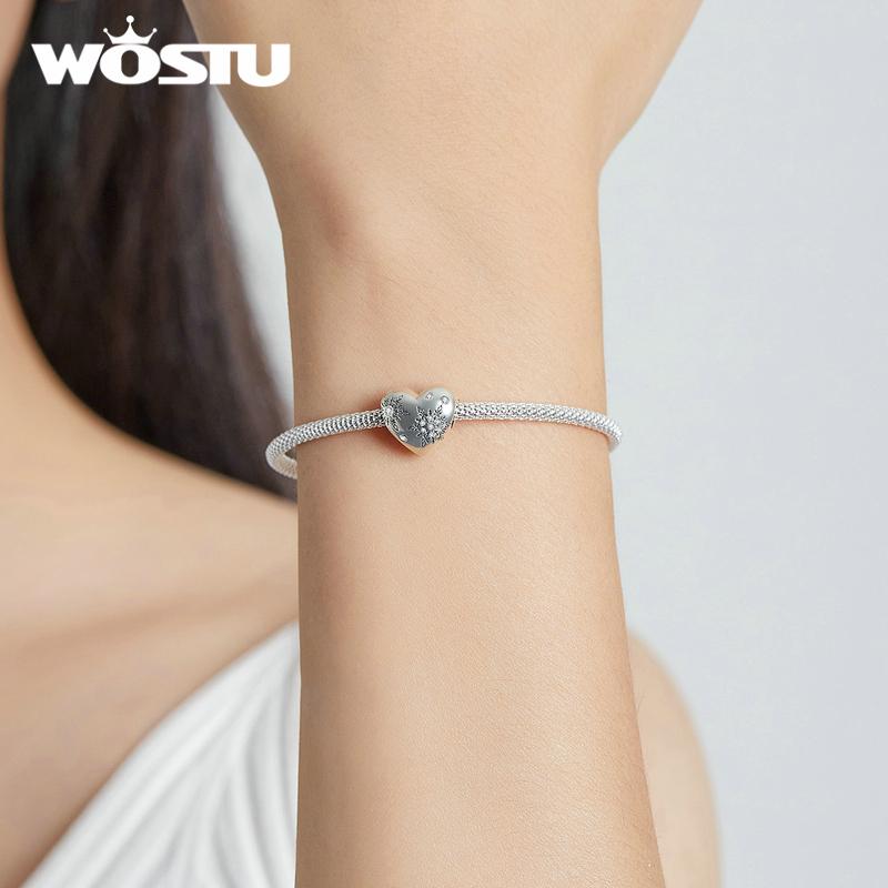 WOSTU Exquisite Snowflake Pattern Heart Shape 925 Sterling Silver Charm Beads Fit Bracelet Bangle Fine Jewelry