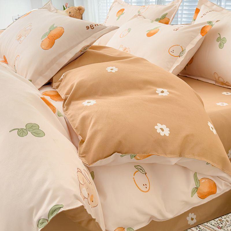 Simple Class A Washed Cotton Four-piece Bedding Set Princess Style Printed Quilt Cover Dormitory Bed Sheet Three-piece Quilt Cover