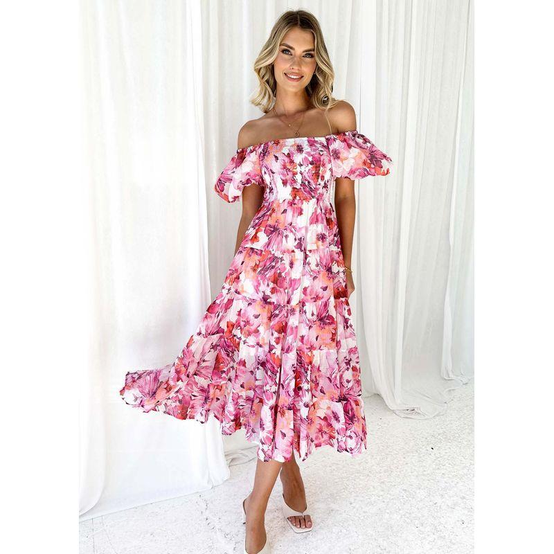 2025 Europe and America Cross Border Spring/Summer New Arrival off-Neck Print Puff Sleeves Silm Mid-Length Tulle Tutu Dress Dress