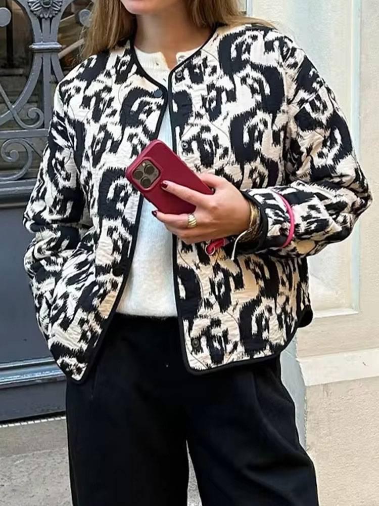 Autumn Retro Women's Fashion Loose Long Sleeve Printed Cotton-Padded Jacket