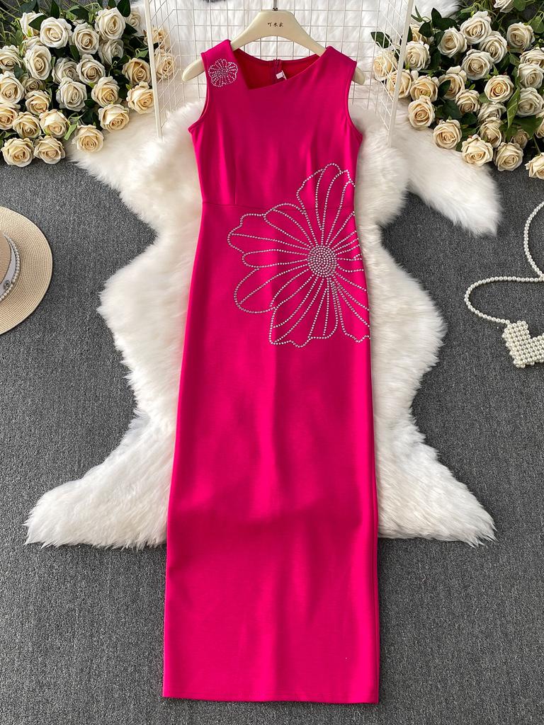 Dinner Party Dress Women's Summer High Sense Hot Diamond Flower V-Neck Sleeveless Slim Skinny Split Dress