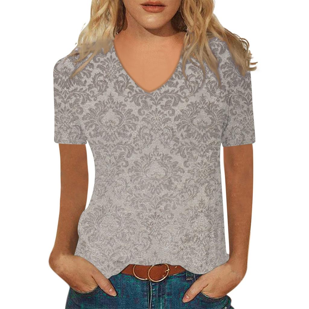 Women's Short Sleeve T-shirt Printed V-neck Imitation Cotton Top