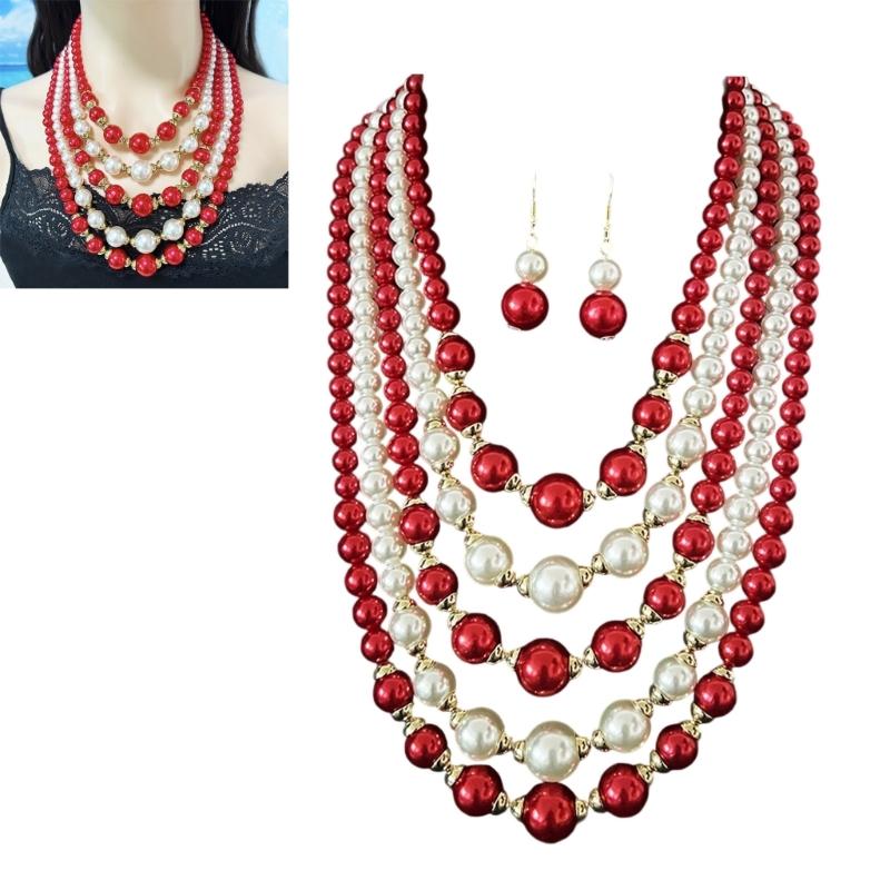 Fashionable Layering Artificial Pearls Necklace With Matching Studs Comfortable Daily Wear Accessories