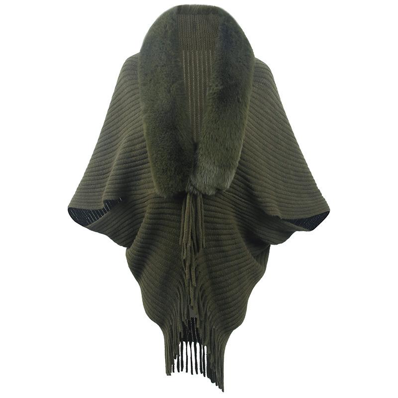 Poncho Châle Cape en Tricot avec Col en Fourrure et Franges pour Femme Vêtement d'Extérieur Chaud