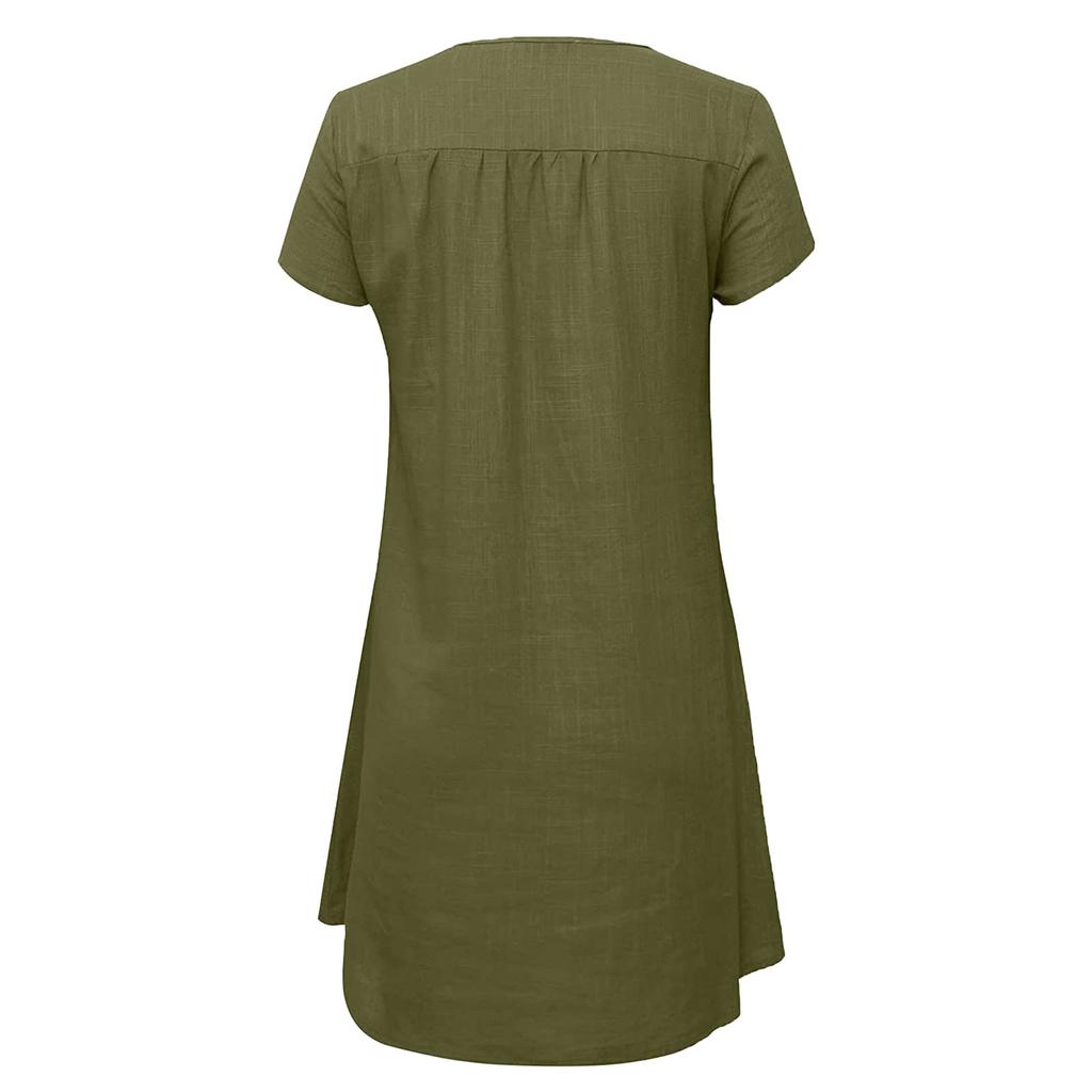 Women's Summer Casual Fashion Print Short-sleeve V-neck Loose Cotton Linen Dress