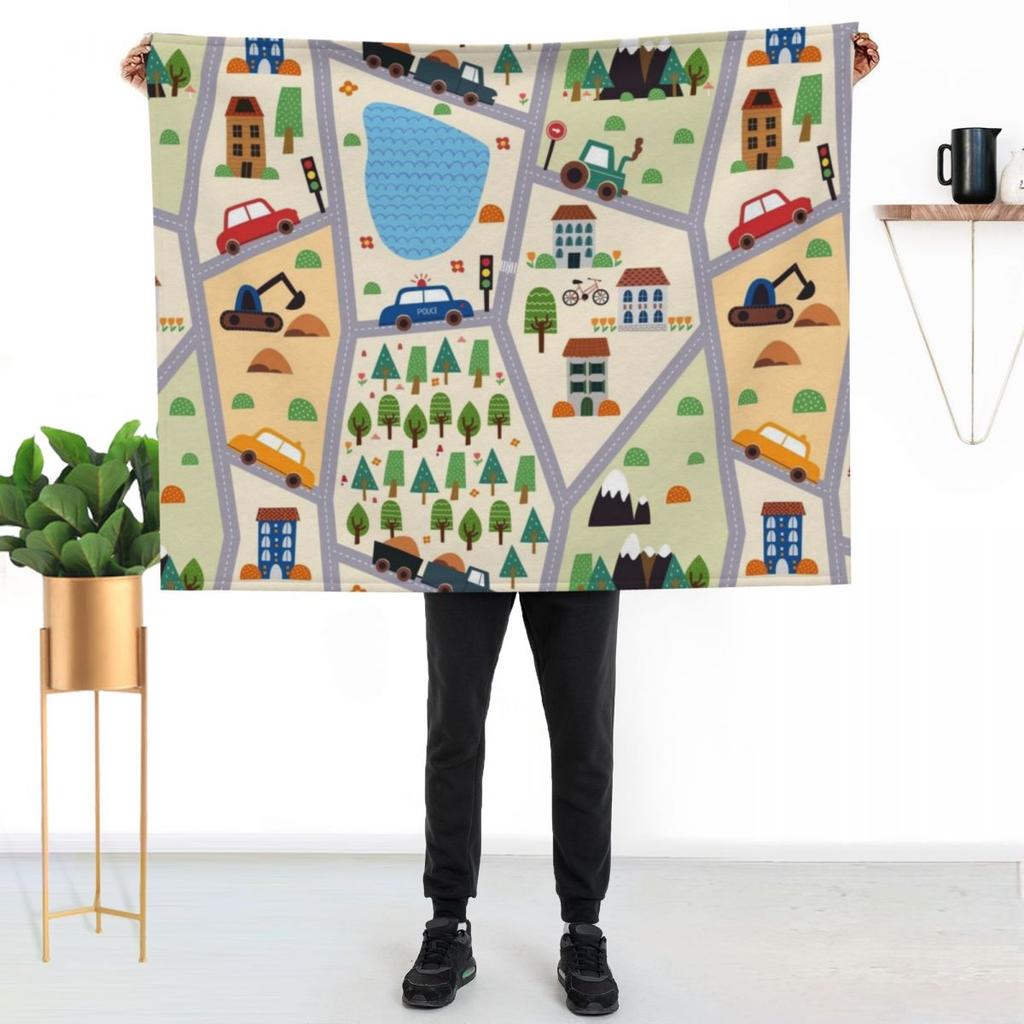 kids seamless, all over road print with cars, trees, trains, lakes Throw Blanket Machine Washable Soft Warm Blanket