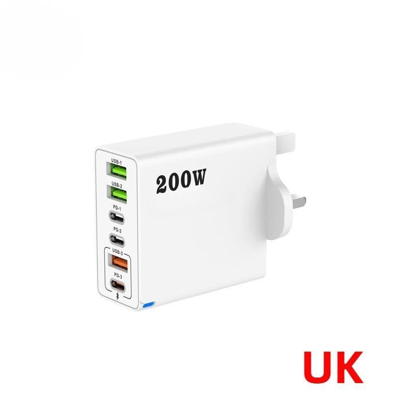 

200 Вт Супер Швидка Зарядка 6 Портів USB C Зарядний Пристрій PD3.0 USB C Type C Зарядний Пристрій для Мобільного Телефону Для iPhone 16 Samsung Xiaomi ipad Телефон UK Plug білий