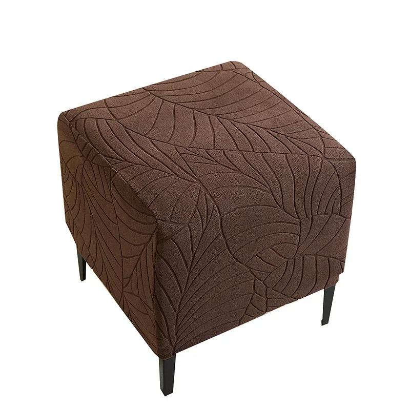 Leaves Jacquard Ottoman Cover Square Ottoman Slipcovers Stretch Footstool Covers for Living Room All-inclusive Footrest Cover