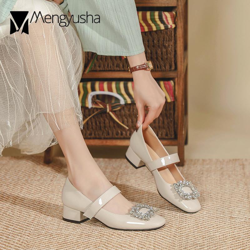 Fashion Brand Crystal Buckle High Heels Women Chunky Heel Mary Jean Pumps Leather Belt Strap Lolita Shoes Retro Ladies All Match Loafers