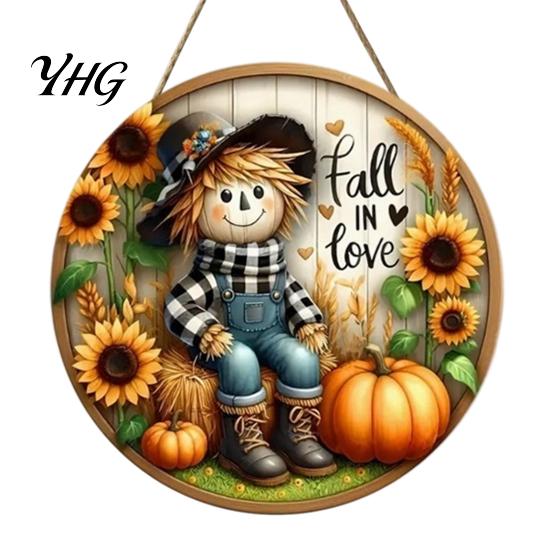 Outdoor Farmhouse Seasonal Decoration Harvest Festival Welcome Sign for Front Door, Rustic Wooden Hanging Autumn with Hemp Rope, Pumpkin Plaque