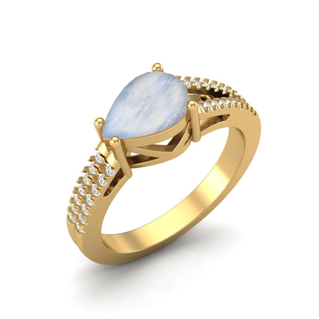 925 Sterling Silver Gold Vemreil 2.00 Cts Pear Shape Natural Moonstone Split Shank Wedding Women Ring