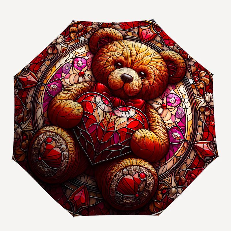 Stained Teddy Bear Wall Art DecorUmbrella, Portable 3-Fold Compact Umbrella for Men & Women Gift