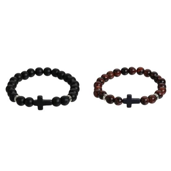 Cross Bracelet for Men Women Stone Beaded Cross Bracelet Elastic Stone Religious Wristband Jewelry Gifts for Christian