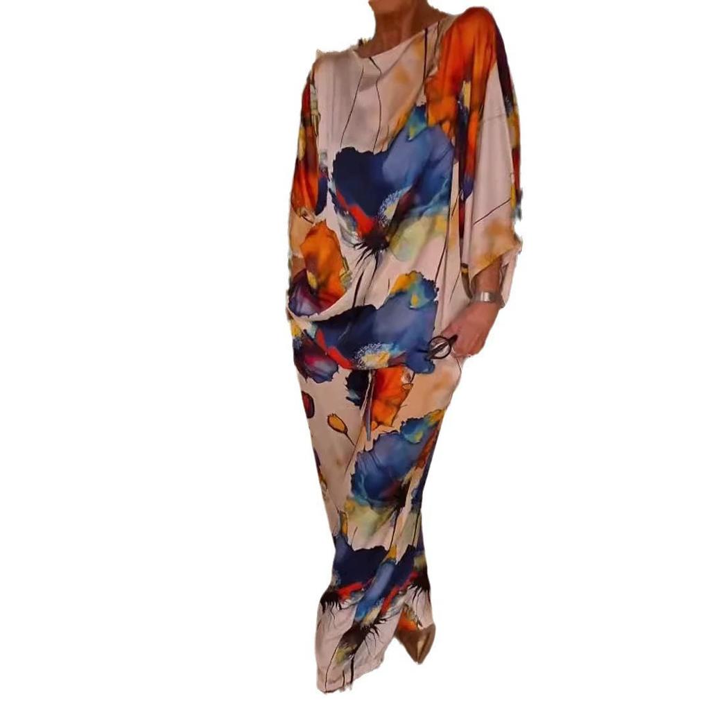 Dwuczęściowy damski zestaw spodni z luźnym nadrukiem i rękawami typu nietoperz, ściągaczem i szerokimi nogawkami