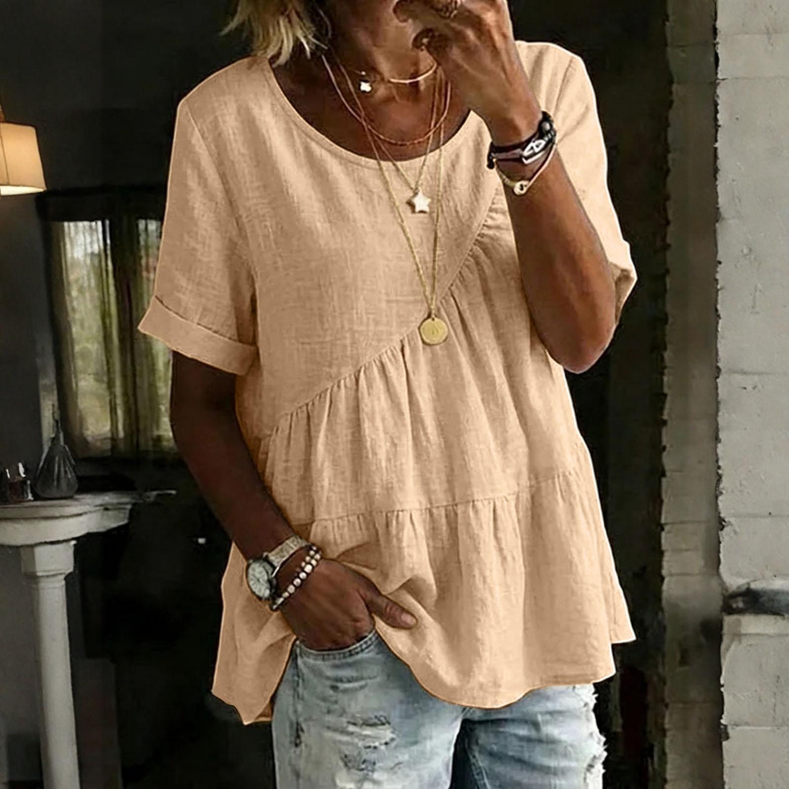

Womens Spring Tops Loose Fit Short Sleeve Summer Shirts for Women Casual Ruffle Hem Womens Summer Shirts 2026 XL жовтий