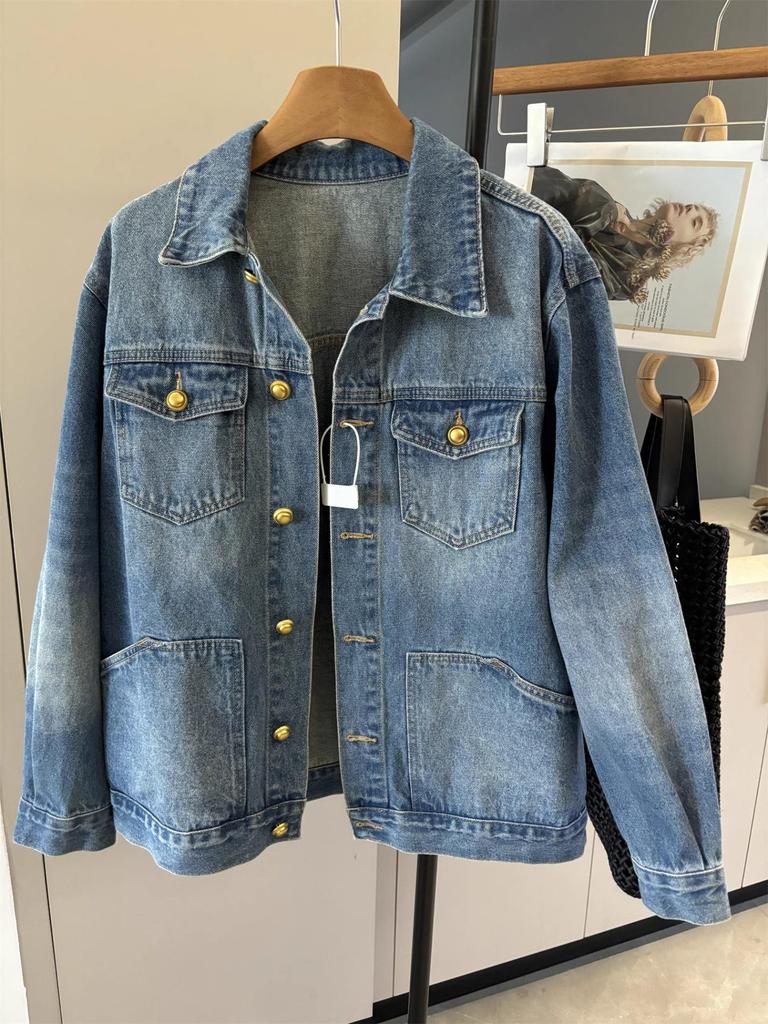 Hong Kong-Style Retro Heavy-Duty Washed Denim Jacket for Women - 2025 Spring/Autumn Collection, Loose Fit & Trendy