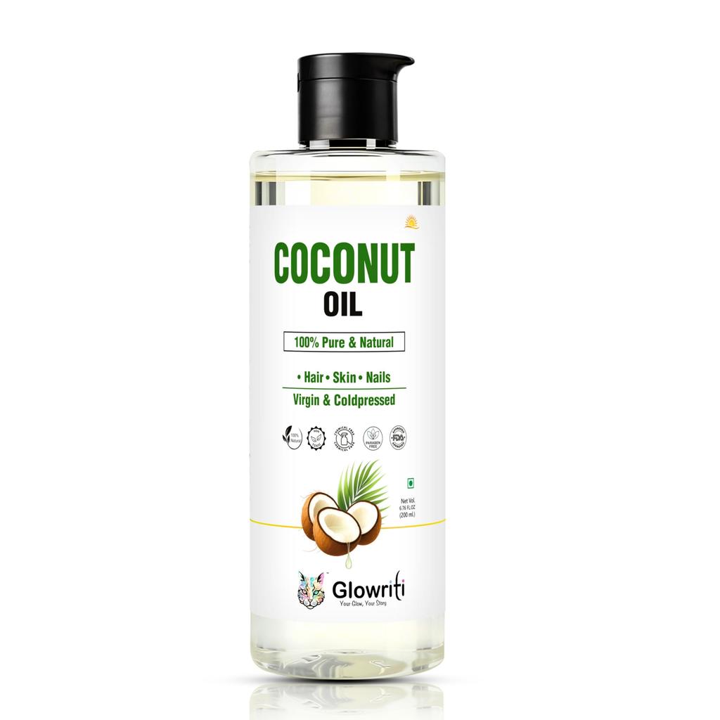 Glowriti Naturals Organic Cold pressed Coconut Oil, 200ml – Skin & Hair Moisturizer, Massage Oil, Carrier Oil for Essential Oils