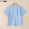 VONDA Women Girls V Collar Short Sleeve Ruffled Slim Waist Casual Blouse