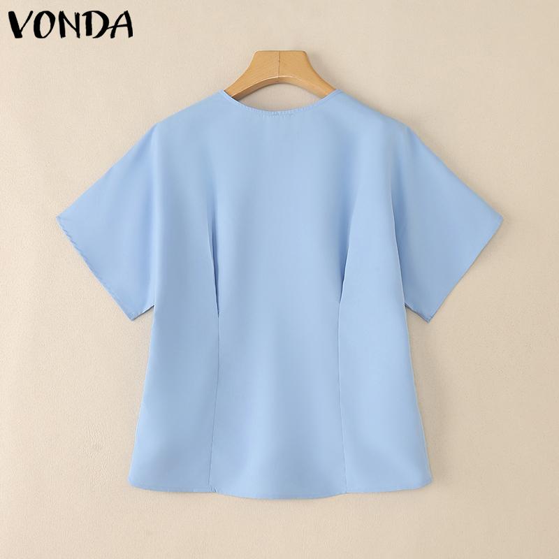 VONDA Women Girls V Collar Short Sleeve Ruffled Slim Waist Casual Blouse