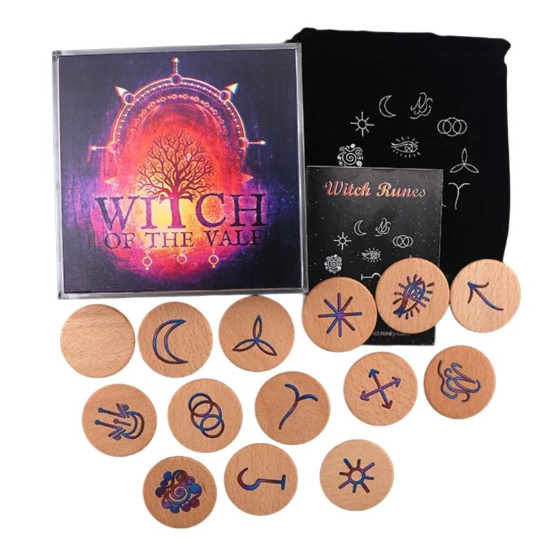 Hand Carved Wooden Runes Symbols Set Divination Runes Stone with Instruction and Storage Bag Heal Gift Decoration