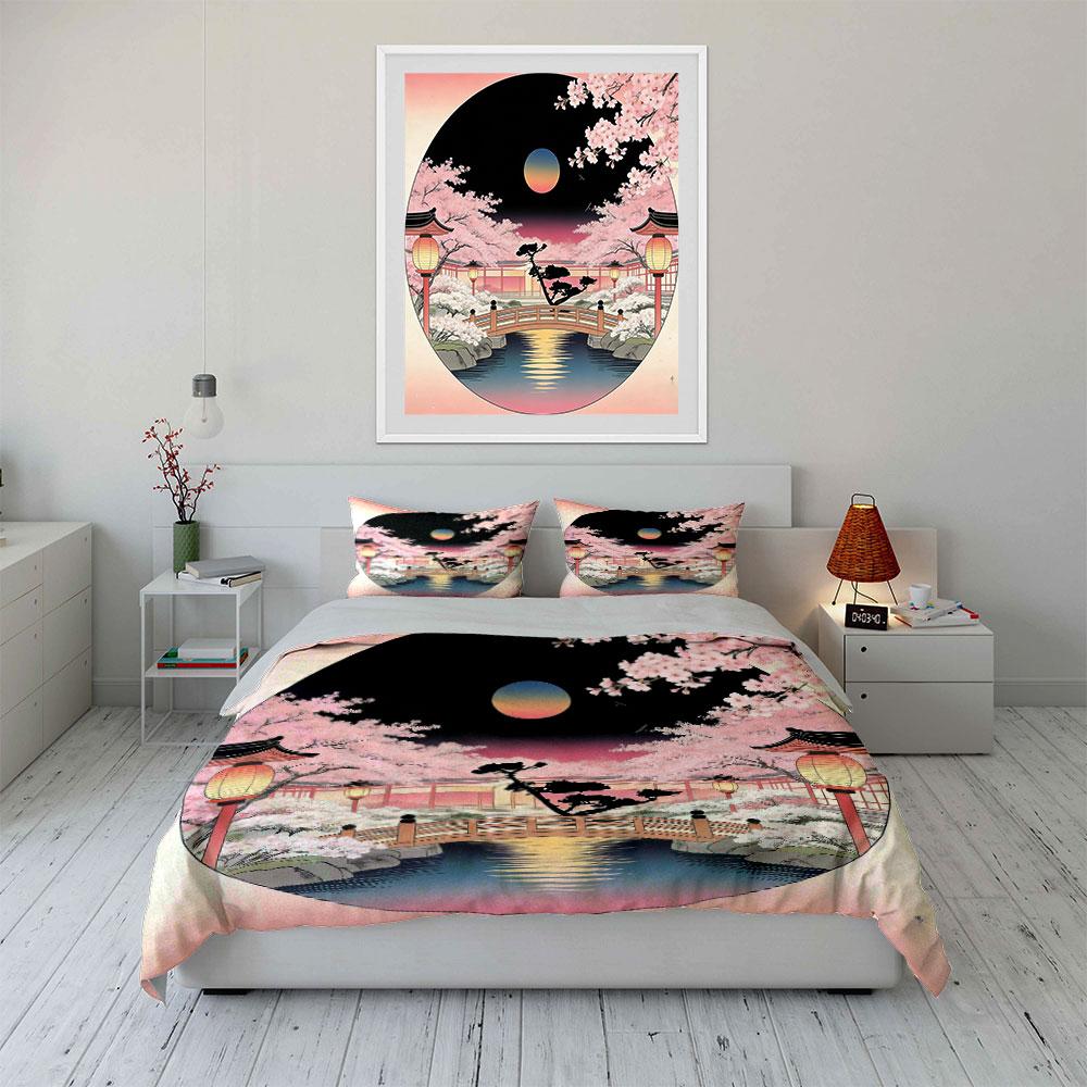 Cherry Blossom Set, Japanese Scenery Soft Comfortable Duvet Cover Bedding Set Included 1*Duvet Cover & 2*Pillowcases, Gift
