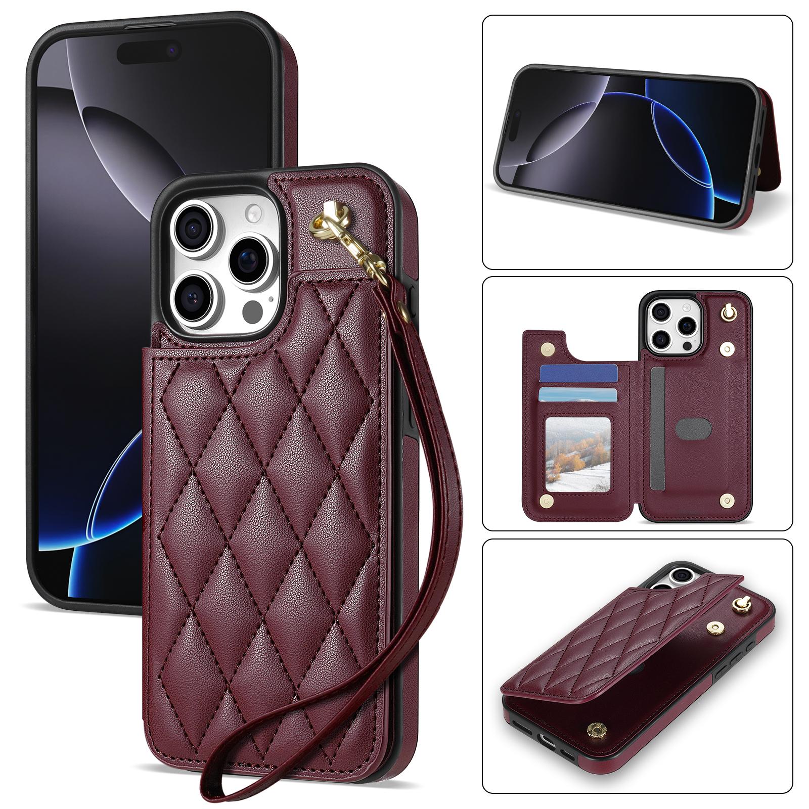 

For iPhone 15 Pro Case with Wrist Strap Card Slots Rhombus Leather+TPU Phone Cover C