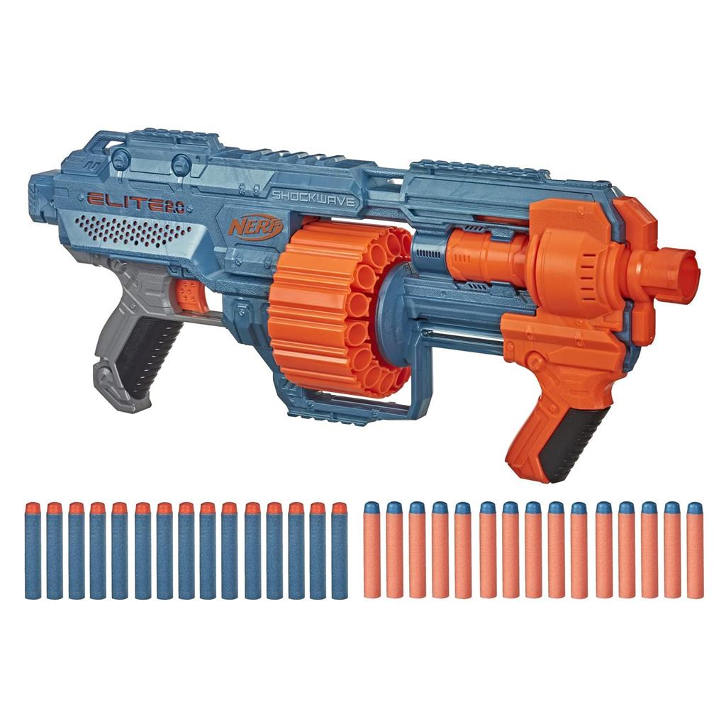 Manuální blaster Nerf Elite 2.0 Shockwave RD-15 je dodáván s 30 oficiálními šipkami vybavenými rotujícím bubnem na 15 ran a taktickou lištou Pump Action Slam.