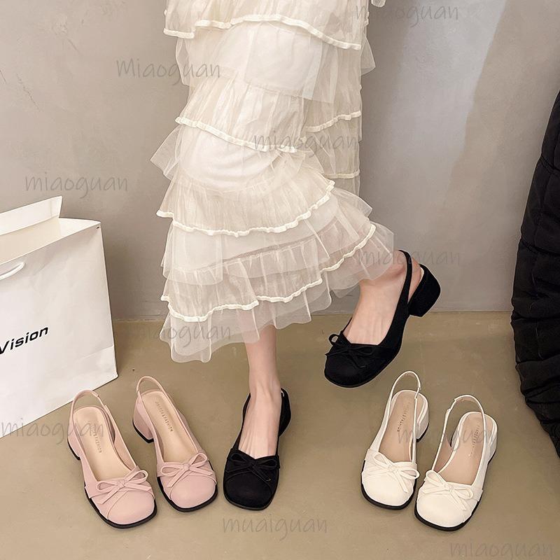 Fashion Spring Summer New Sweet Square Head Thick Heel Butterfly Knot Sandals Women Satin Mid Heel Pumps Elegant Shoes Comfortable