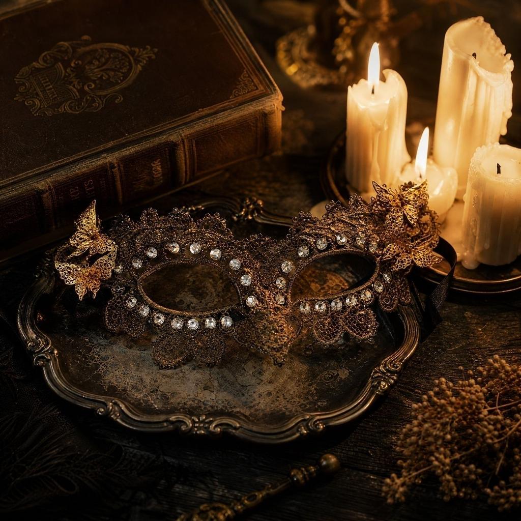 Halloweenová polomaska se flitry a krajkou, zlatá fólie, paví oko pro maškarní párty, kostýmový doplněk