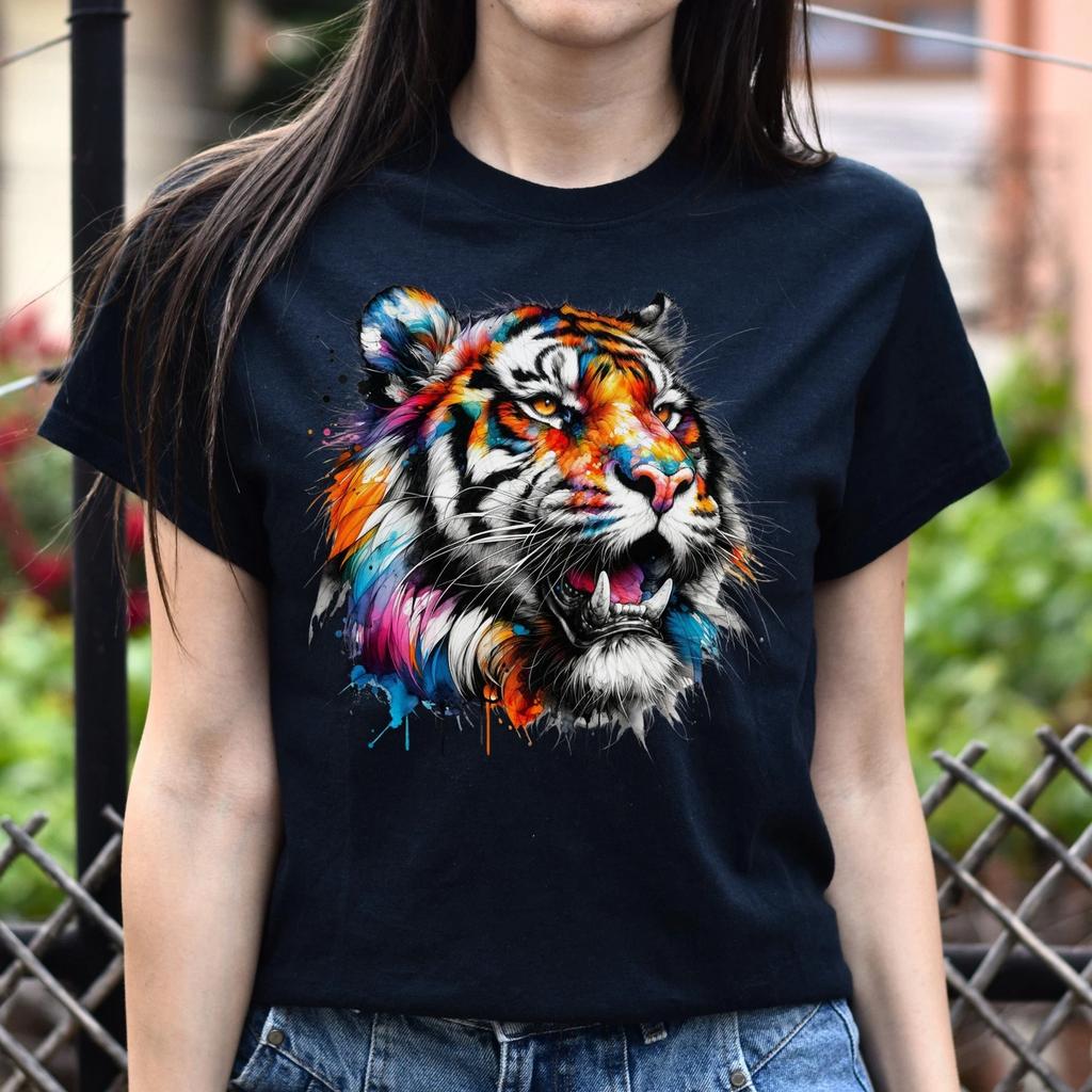 Abstract Tiger Color Splash Unisex T-shirt Black Navy Dark Heather