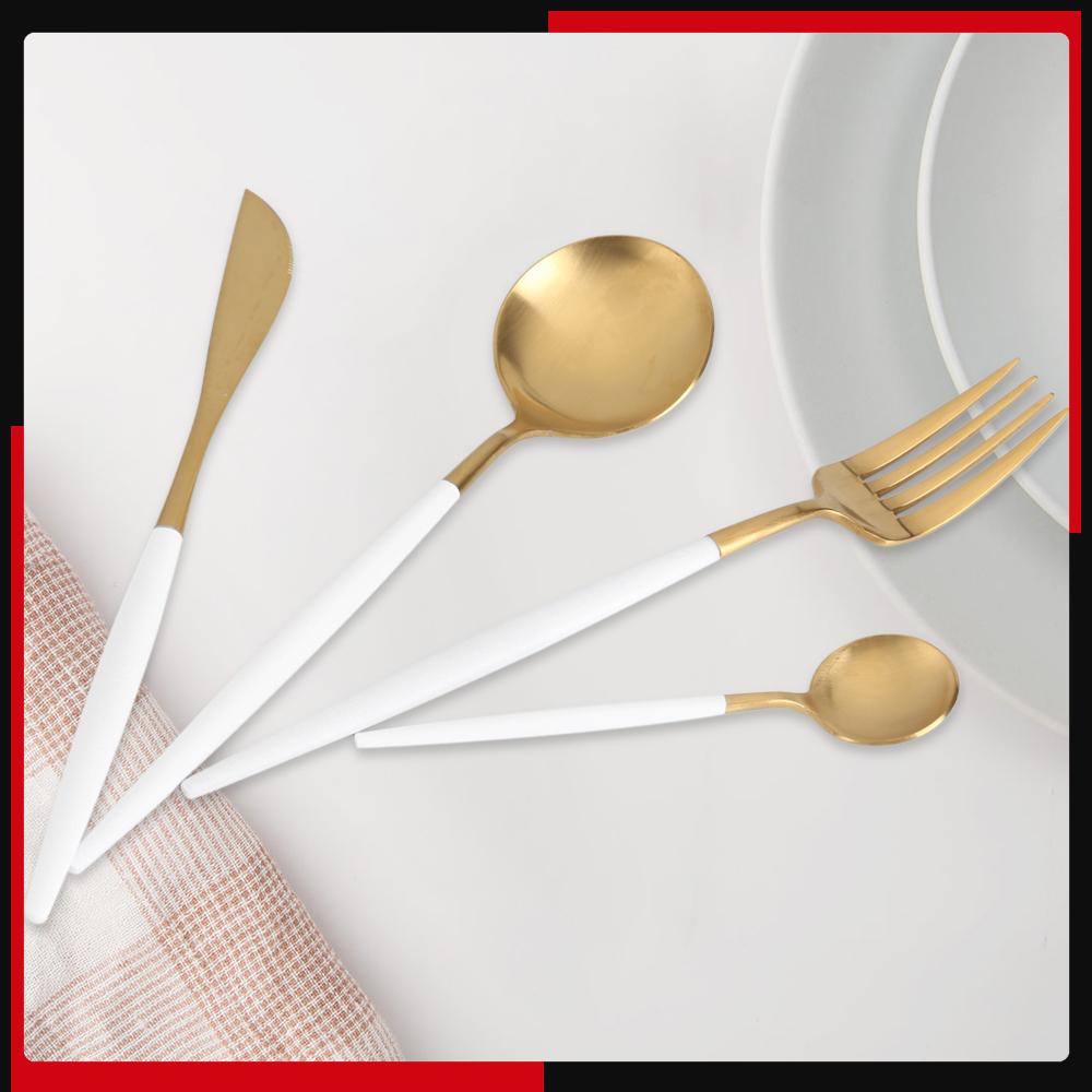 4-teiliges Set Edelstahl farbiges Besteck Löffel Gabel Messer Geschirr Heimgebrauch Weiß Golden